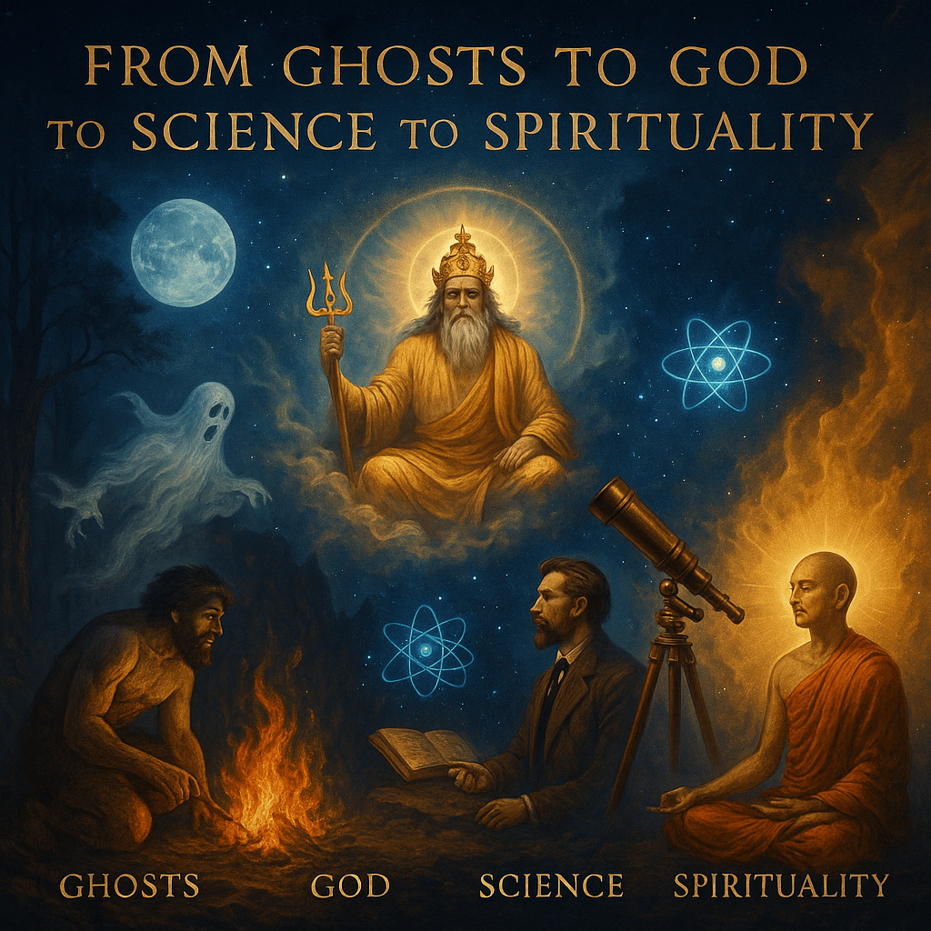 “भूत से भगवान से विज्ञान से अध्यात्म तक — भय, विश्वास, तर्क और अनुभव की मानव यात्रा”